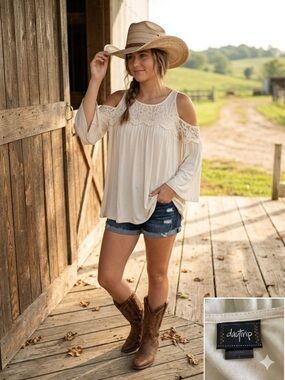Daytrip Cream Cold-Shoulder Lace Yoke Women's Top cowgirl Boho